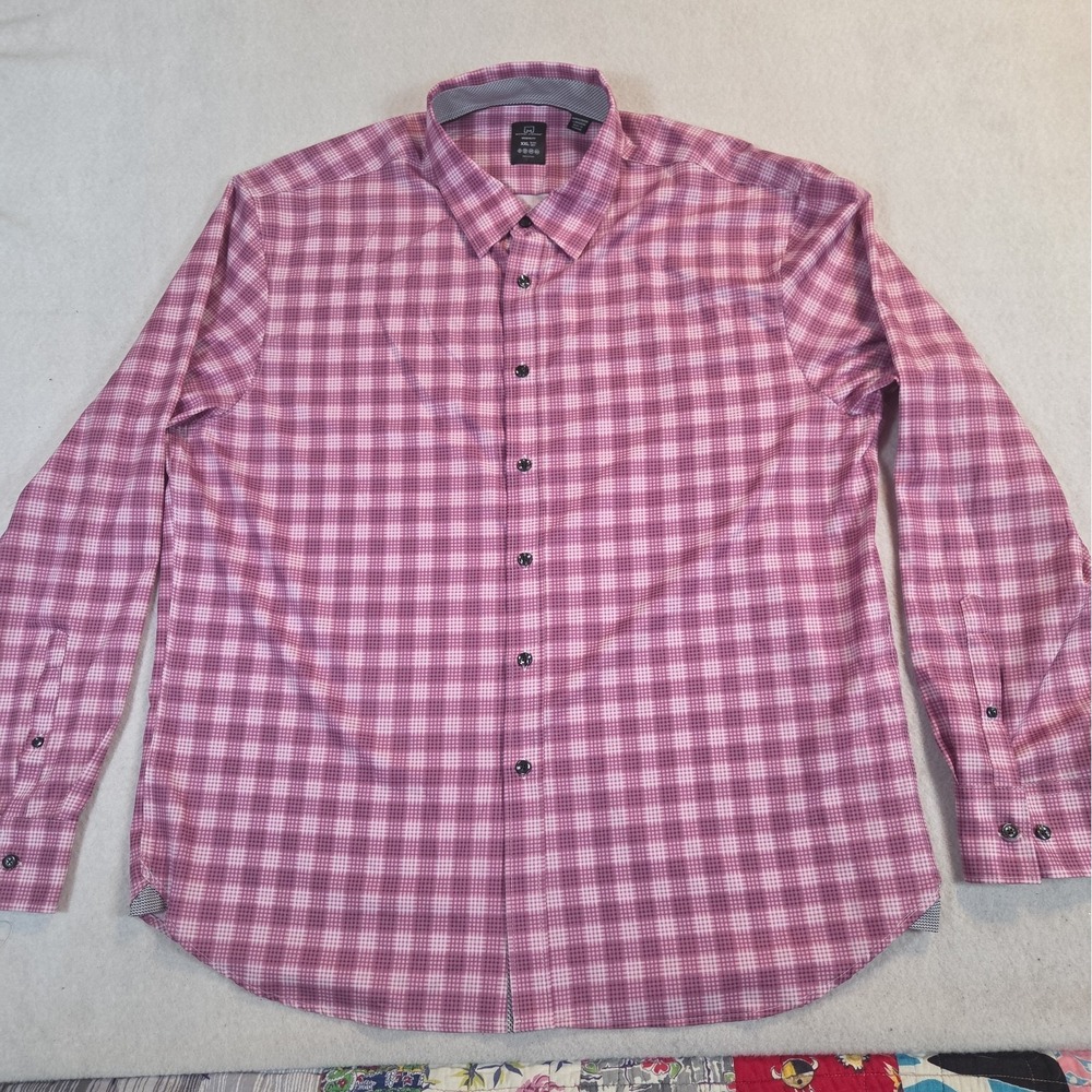 Michael Strahan Mens XXL 19-19.5  Pink Plaid Modern Fit Performance Dress Shirt